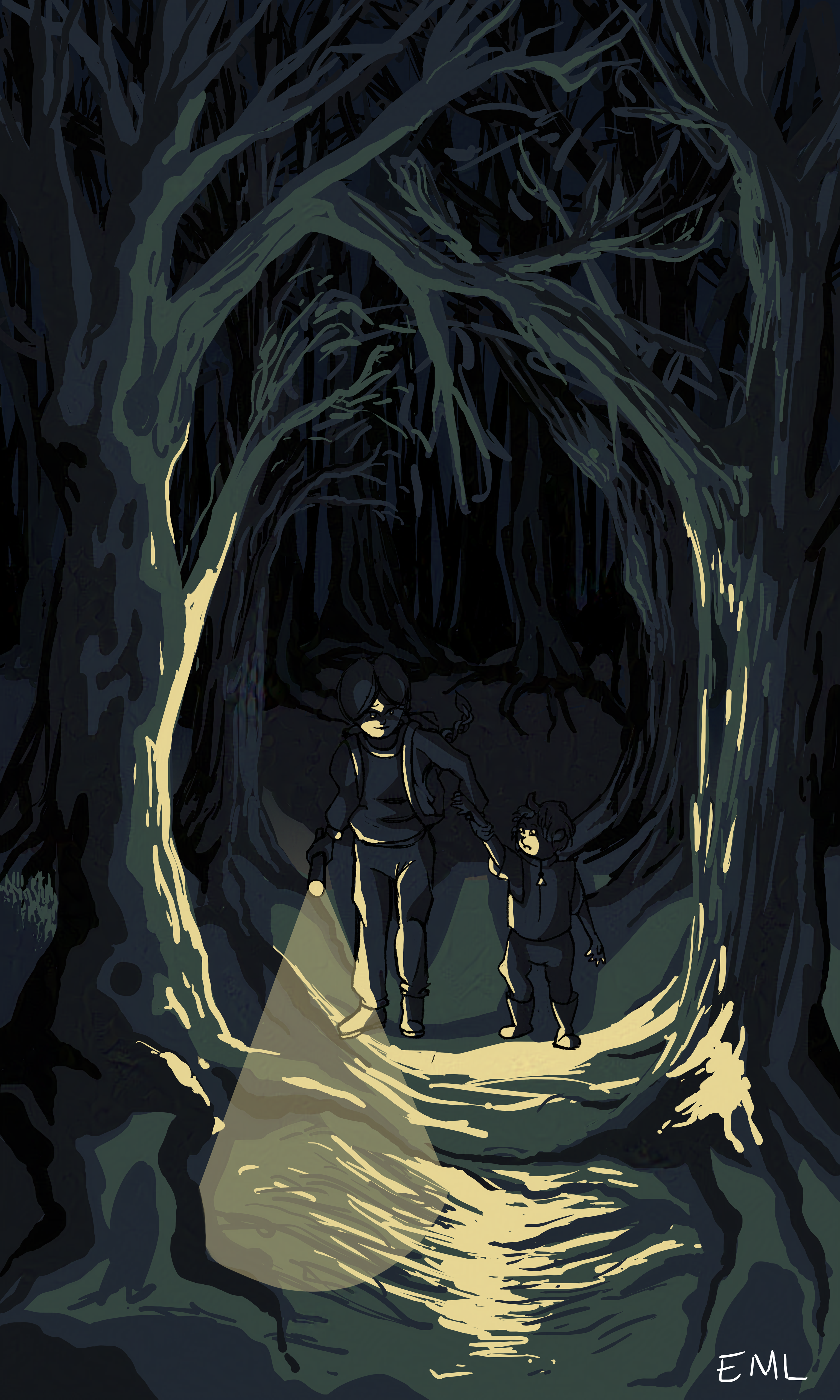 two people in a forest