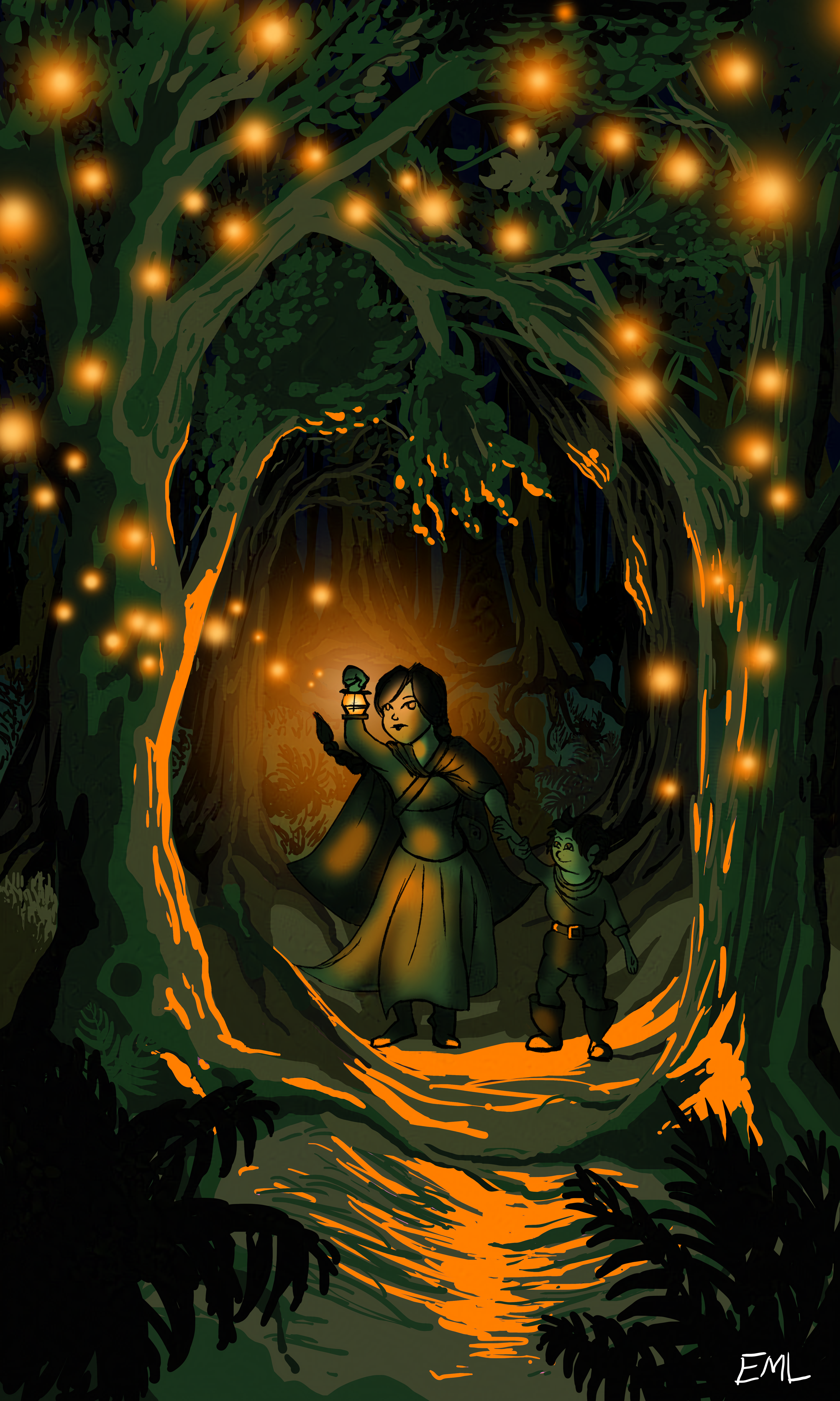 two people in a magic forest