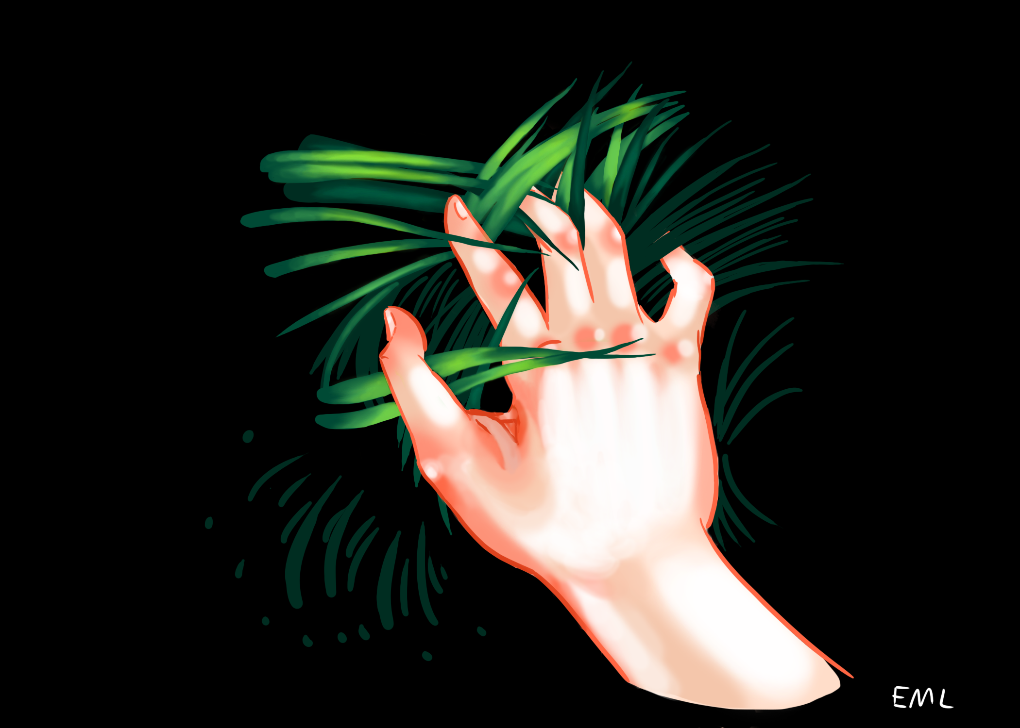 A painting of a hand touching grass